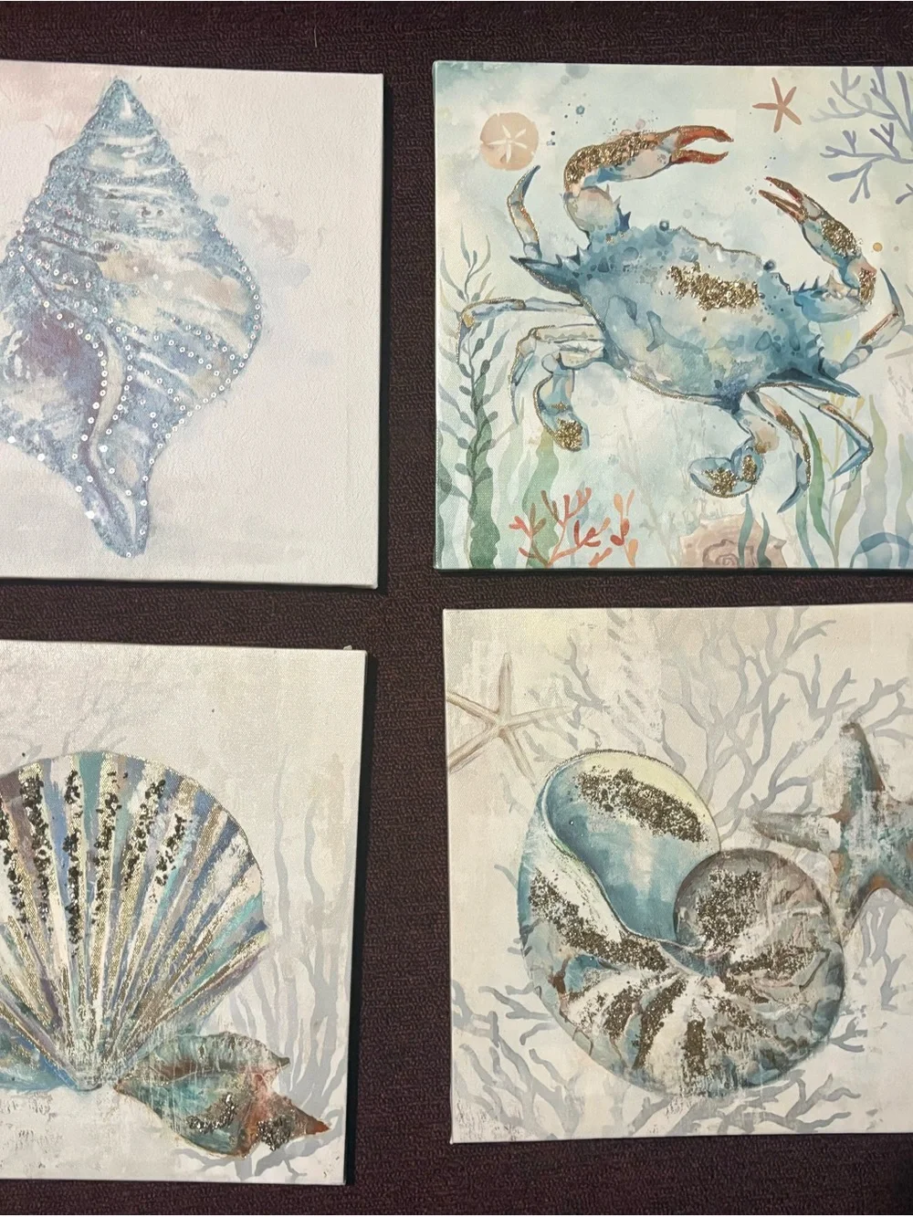 Coastal Blue Sea Creature Canvas Wall Art Set - 4 separate pics